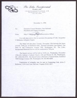 Primary view of object titled '[Memorandum from Mary P. Douglass to Executive Council Members, Past National Presidents, and Chapter Presidents of The Links, Inc. - November 11, 1996]'.