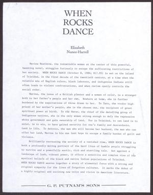 [Promotional Material for "When Rocks Dance" by Elizabeth Nunez-Harrell]