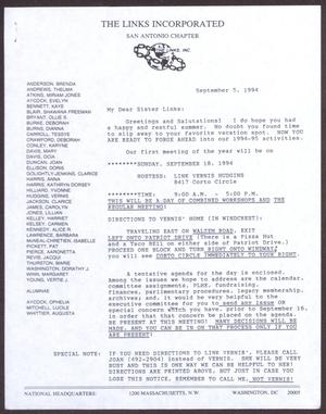 [Letter from Joan Duncan to San Antonio chapter of The Links, Inc. - September 5, 1994]