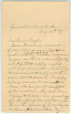 [Letter to Laura Baylor from her cousin, May 12, 1877]