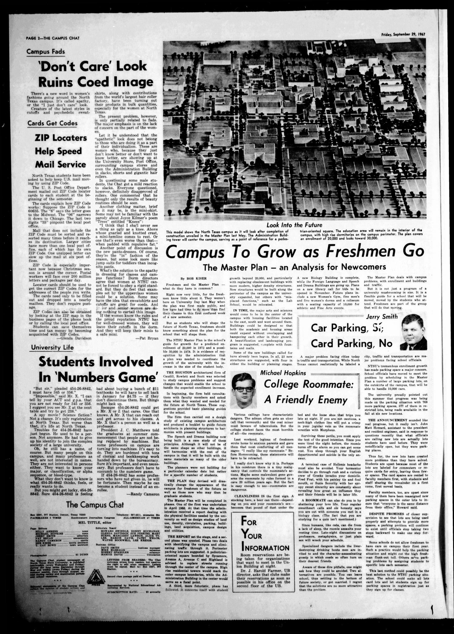 The Campus Chat (Denton, Tex.), Vol. 51, No. 3, Ed. 1 Friday, September 29, 1967
                                                
                                                    [Sequence #]: 2 of 6
                                                