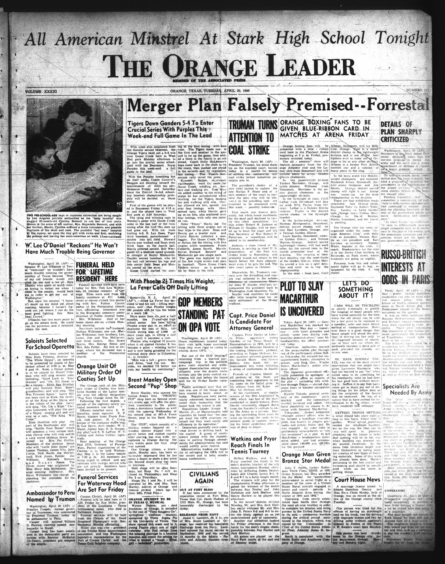 The Orange Leader (Orange, Tex.), Vol. 33, No. 101, Ed. 1 Tuesday, April 30, 1946
                                                
                                                    [Sequence #]: 1 of 6
                                                