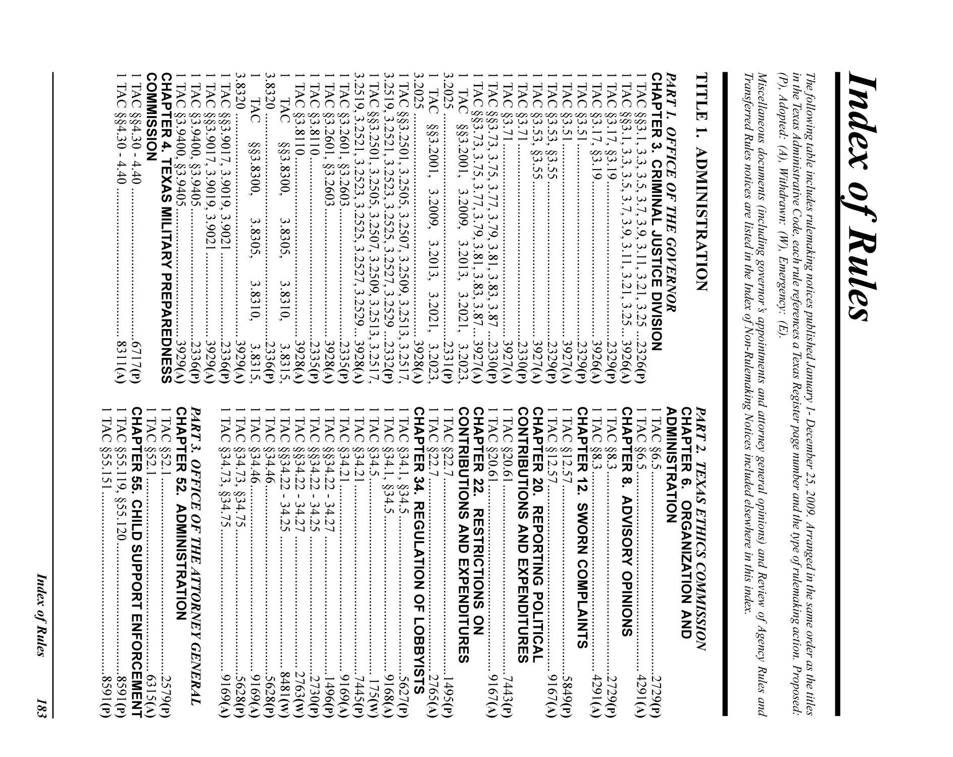 Texas Register: Annual Index January 1 - December 25, 2009, Index of Rules, Pages 183-239.
                                                
                                                    183
                                                