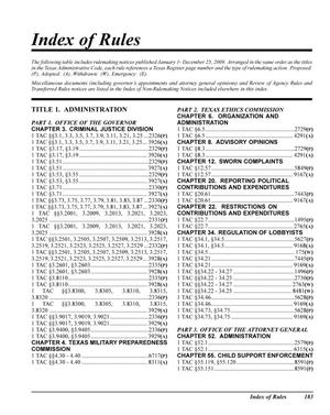 Primary view of object titled 'Texas Register: Annual Index January 1 - December 25, 2009, Index of Rules, Pages 183-239.'.