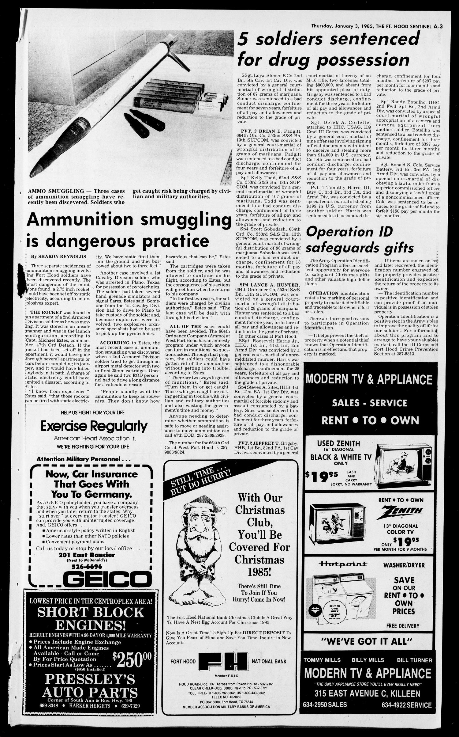 The Fort Hood Sentinel (Temple, Tex.), Vol. 43, No. 34, Ed. 1 Thursday, January 3, 1985
                                                
                                                    [Sequence #]: 3 of 32
                                                