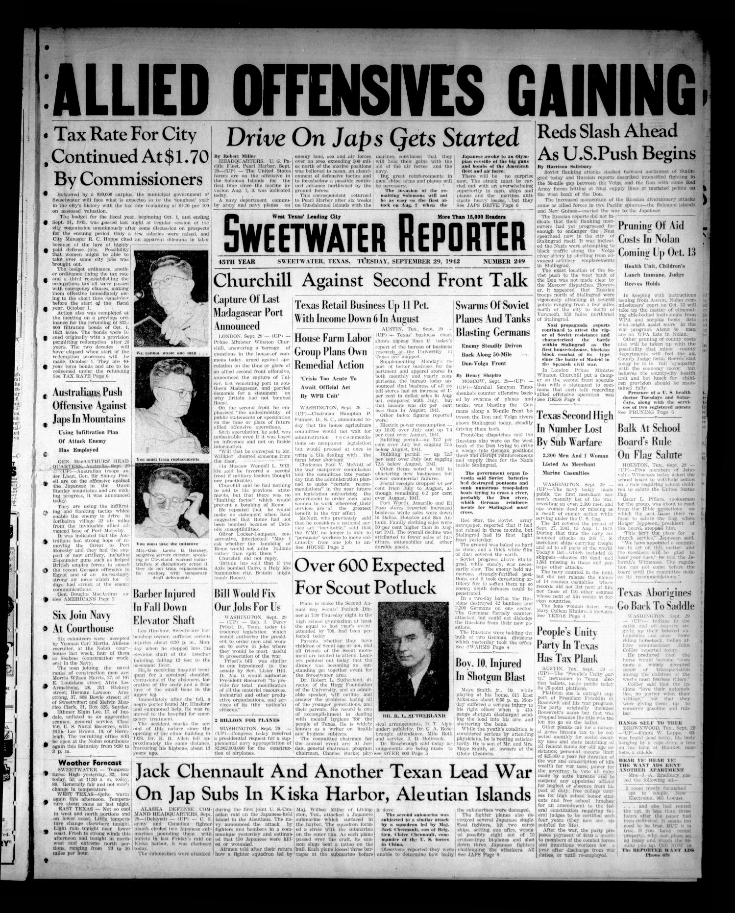 Sweetwater Reporter (Sweetwater, Tex.), Vol. 45, No. 249, Ed. 1 Tuesday, September 29, 1942
                                                
                                                    [Sequence #]: 1 of 6
                                                
