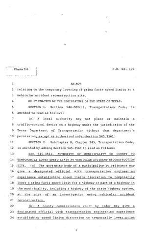 Primary view of object titled '82nd Texas Legislature, Regular Session, House Bill 109, Chapter 216'.