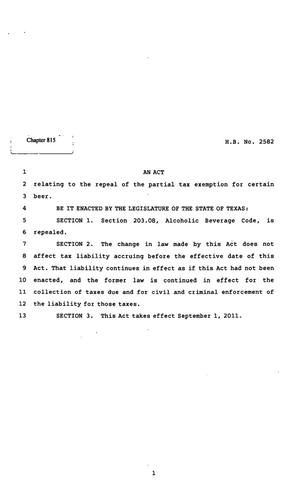 Primary view of object titled '82nd Texas Legislature, Regular Session, House Bill 2582, Chapter 815'.