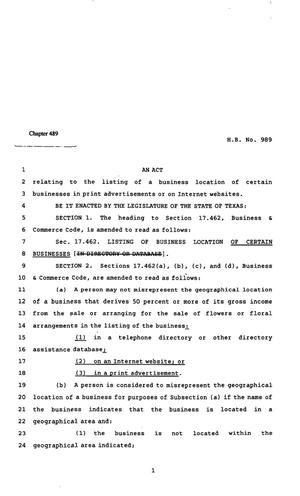 82nd Texas Legislature, Regular Session, House Bill 989, Chapter 489
