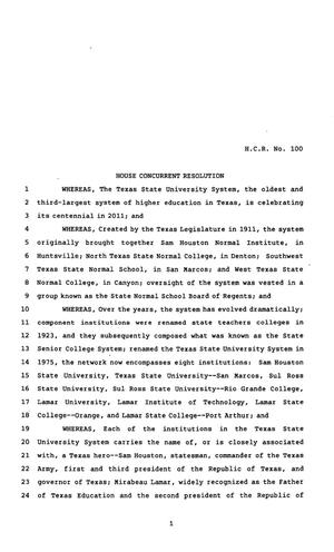 82nd Texas Legislature, Regular Session, House Concurrent Resolution 100