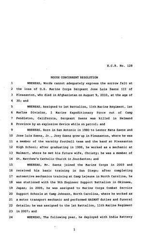 82nd Texas Legislature, Regular Session, House Concurrent Resolution 128