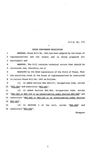 82nd Texas Legislature, Regular Session, House Concurrent Resolution 173
