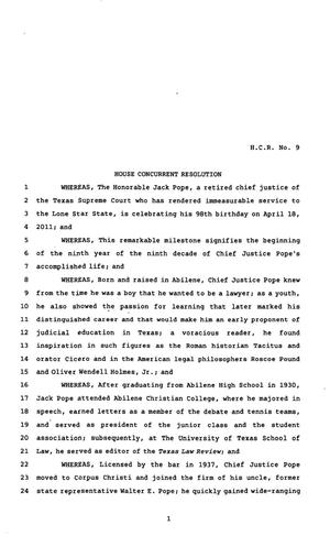 82nd Texas Legislature, Regular Session, House Concurrent Resolution 9