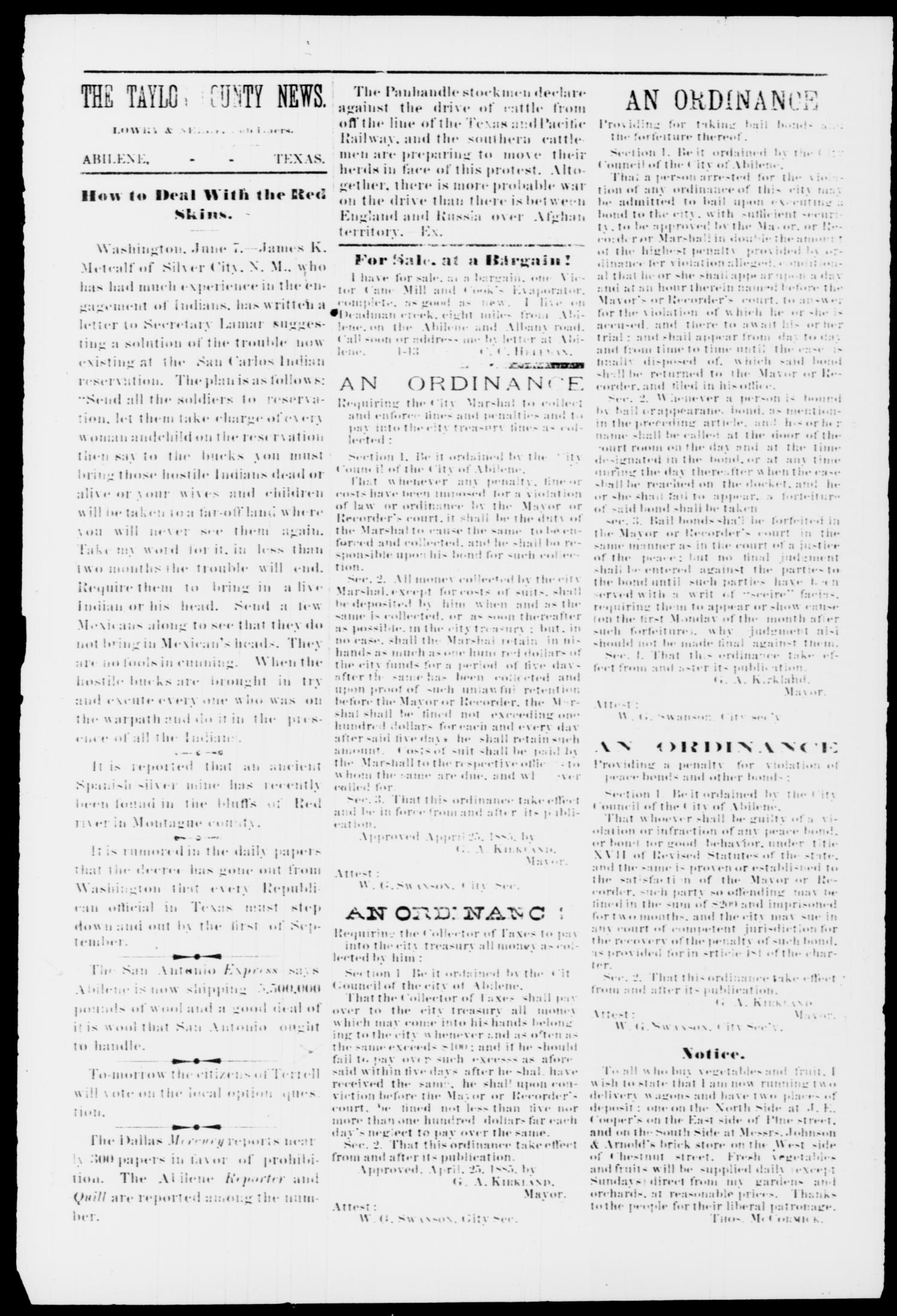 The Taylor County News. (Abilene, Tex.), Vol. 2, No. 18, Ed. 1 Friday, July 16, 1886
                                                
                                                    [Sequence #]: 4 of 10
                                                
