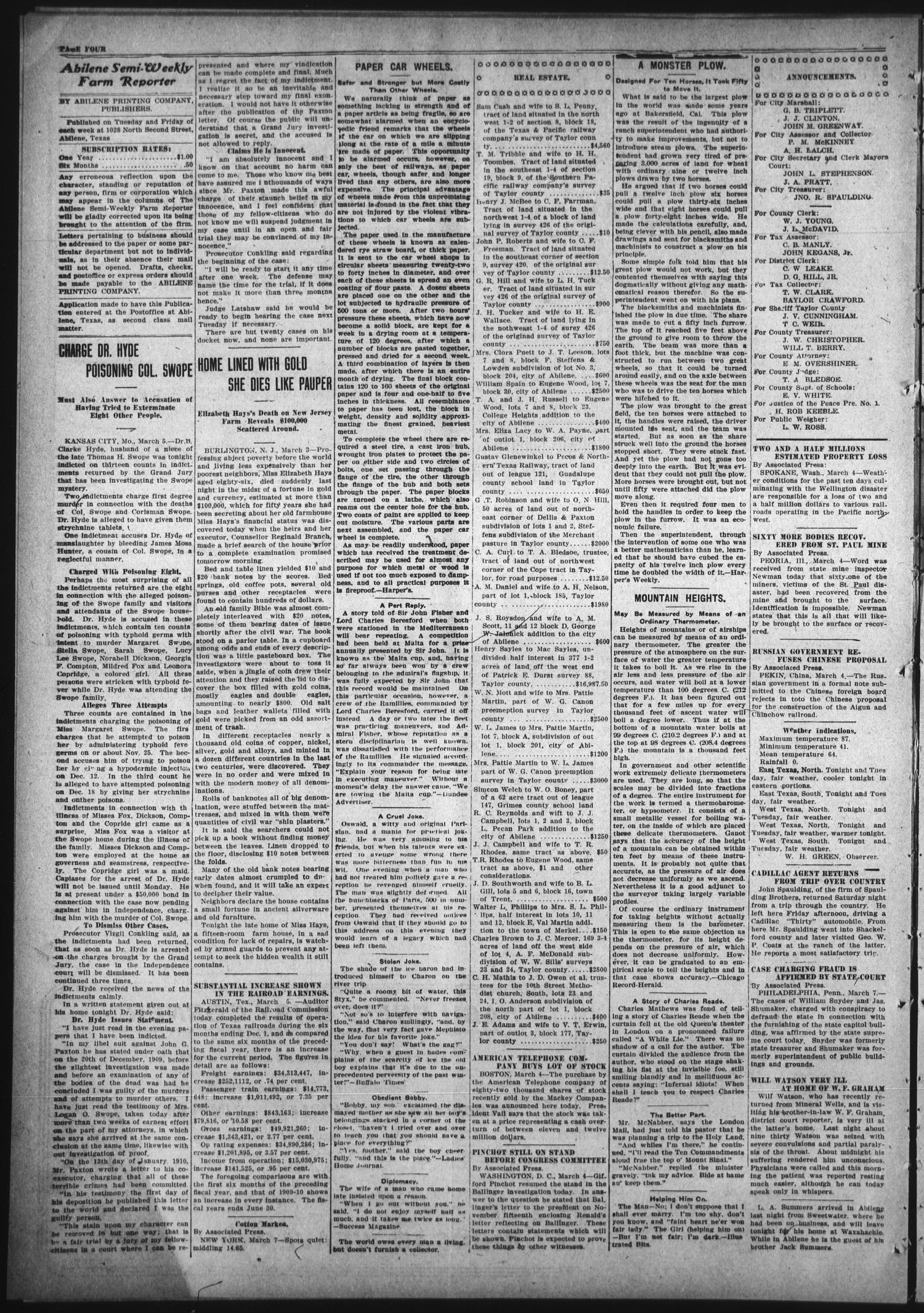Abilene Semi-Weekly Farm Reporter (Abilene, Tex.), Vol. 30, No. 26, Ed. 1 Tuesday, March 8, 1910
                                                
                                                    [Sequence #]: 4 of 8
                                                