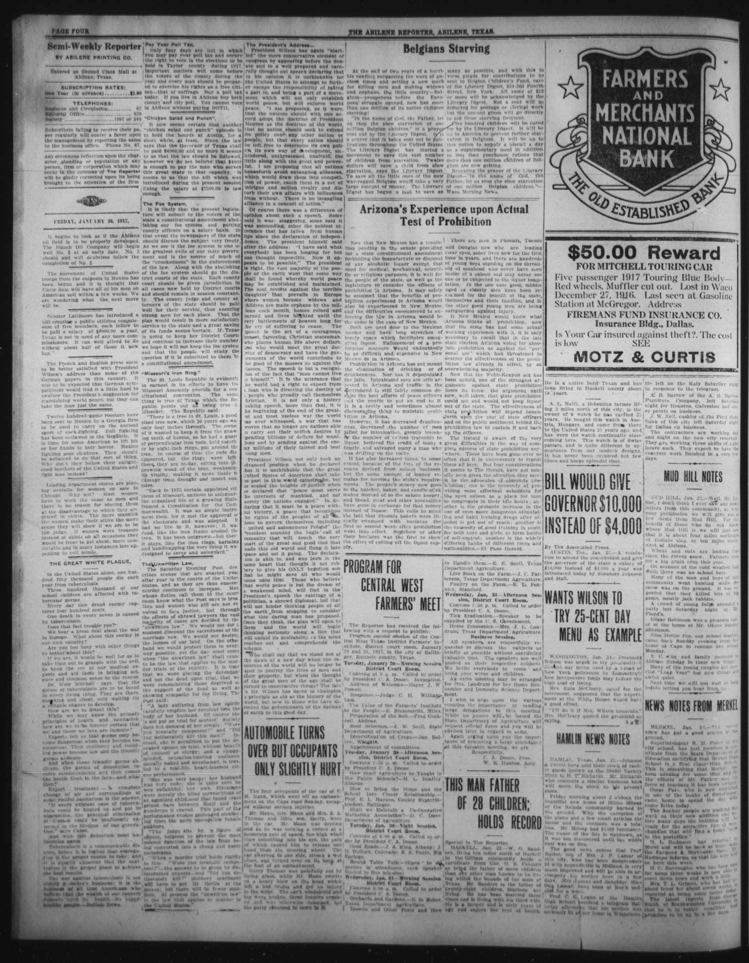 The Abilene Semi-Weekly Reporter (Abilene, Tex.), Vol. 35, No. 112, Ed. 1 Friday, January 26, 1917
                                                
                                                    [Sequence #]: 4 of 6
                                                