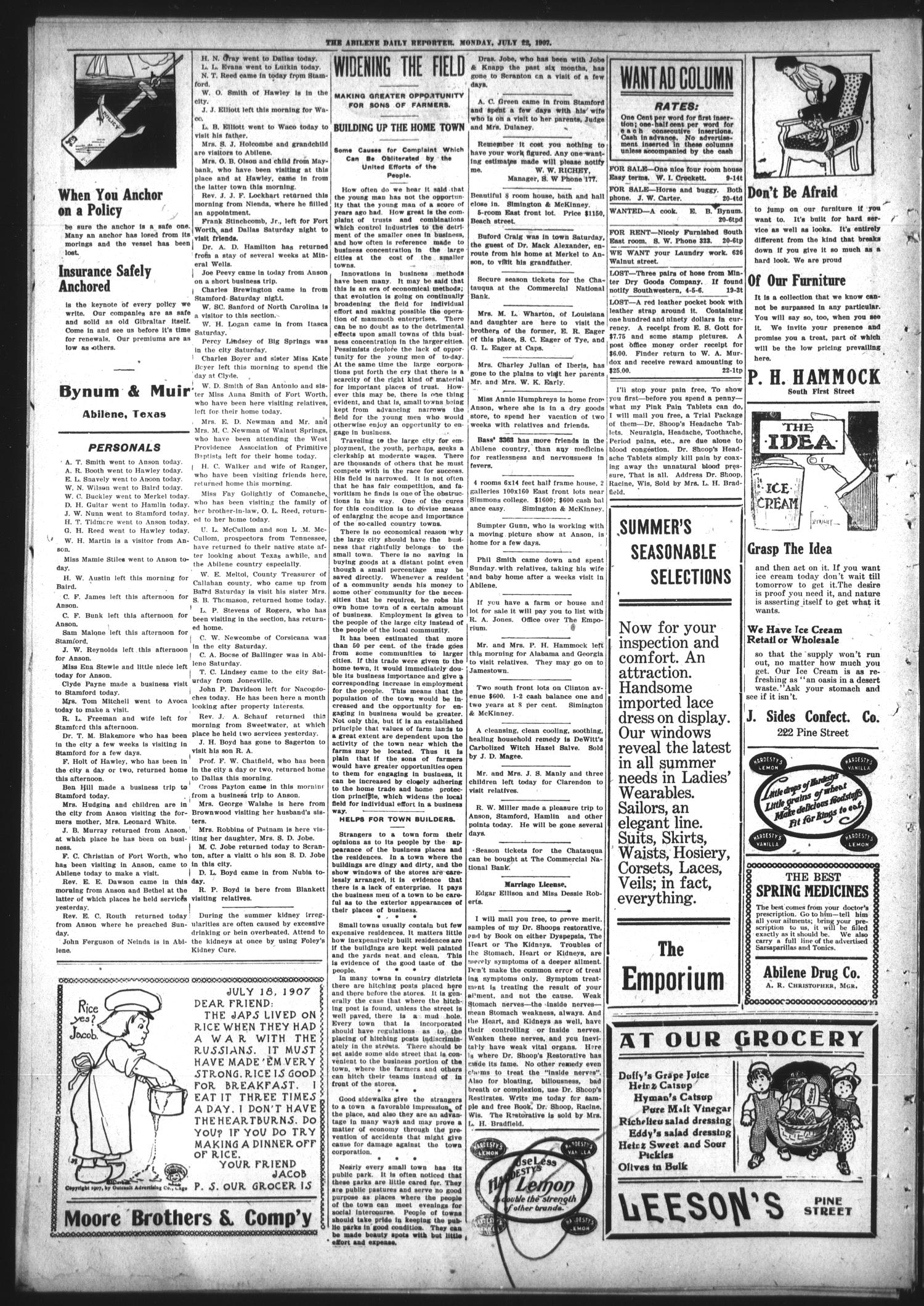 Abilene Daily Reporter (Abilene, Tex.), Vol. 12, No. 10, Ed. 1 Monday, July 22, 1907
                                                
                                                    [Sequence #]: 8 of 8
                                                