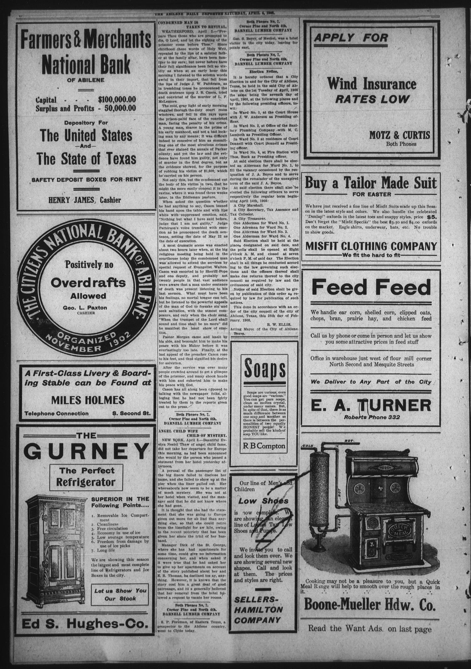 Abilene Daily Reporter (Abilene, Tex.), Vol. 12, No. 218, Ed. 1 Saturday, April 4, 1908
                                                
                                                    [Sequence #]: 2 of 10
                                                