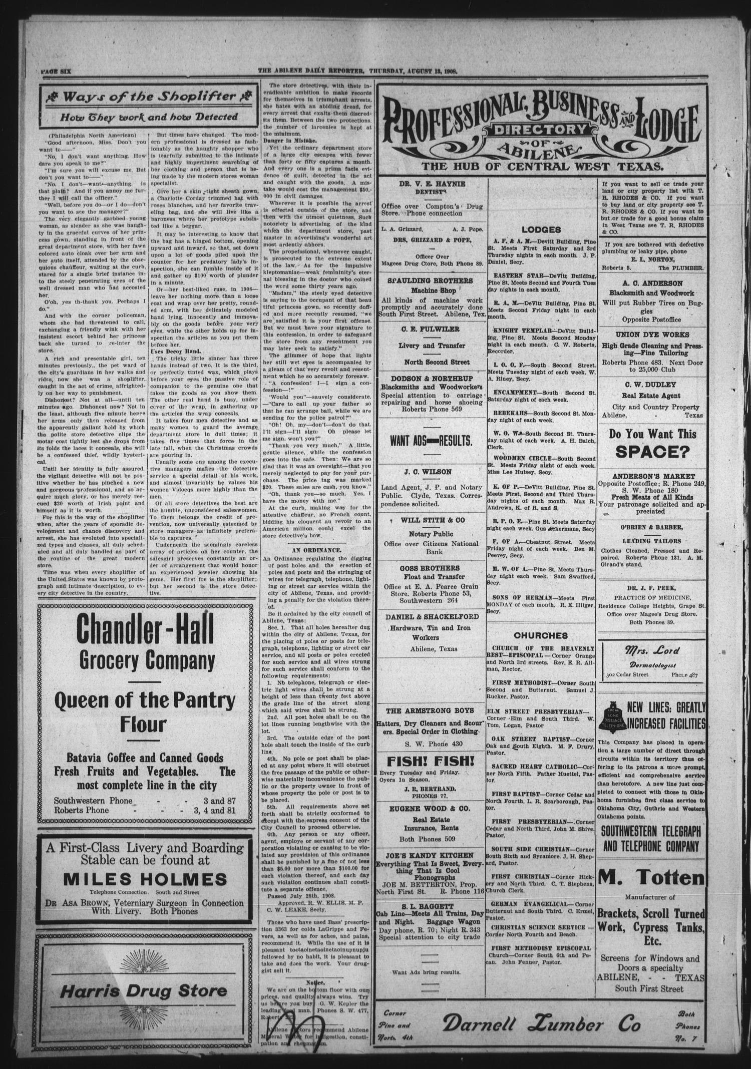 Abilene Daily Reporter (Abilene, Tex.), Vol. 12, No. 300, Ed. 1 Friday, August 14, 1908
                                                
                                                    [Sequence #]: 6 of 8
                                                