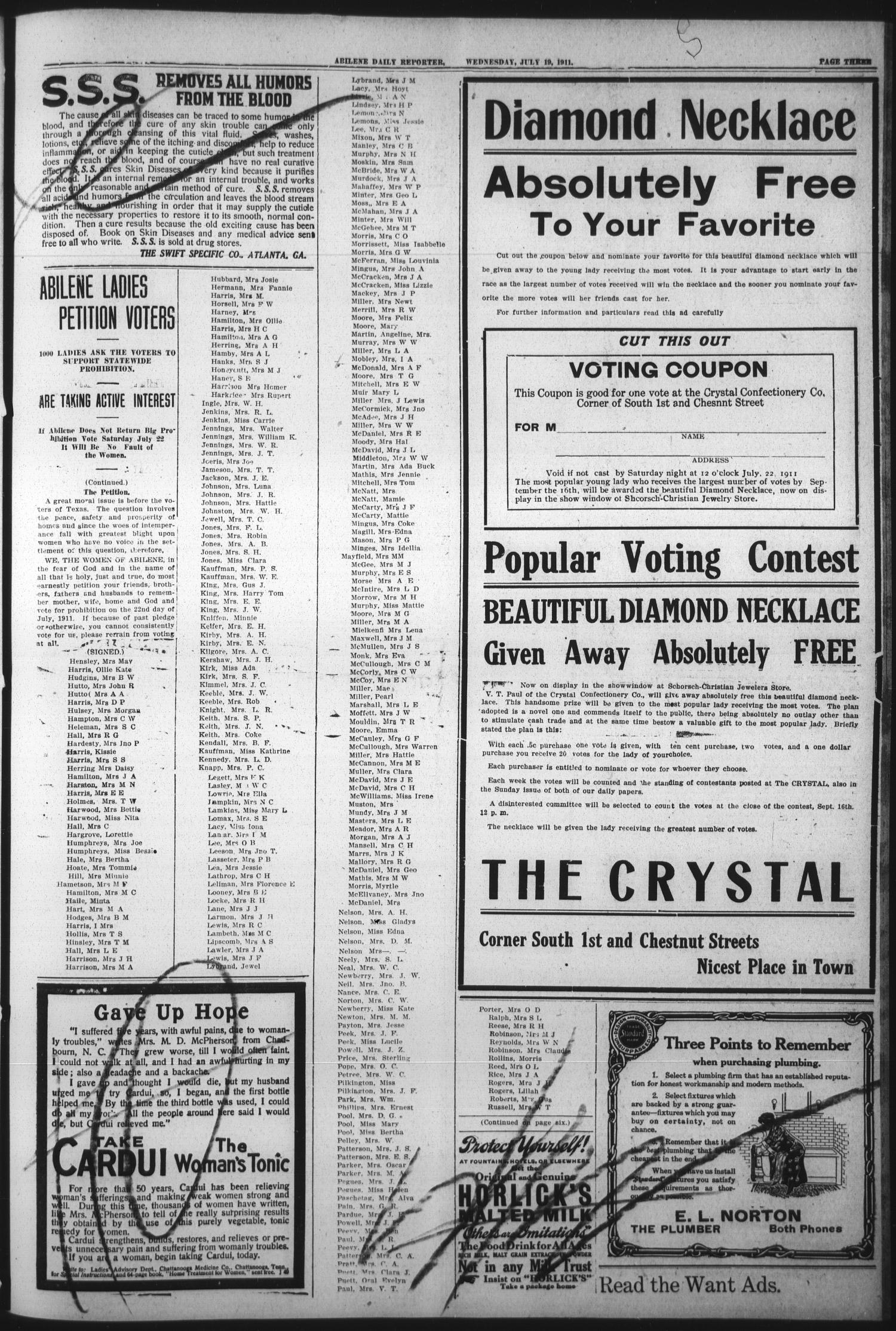 Abilene Daily Reporter (Abilene, Tex.), Vol. 15, No. 271, Ed. 1 Wednesday, July 19, 1911
                                                
                                                    [Sequence #]: 3 of 8
                                                