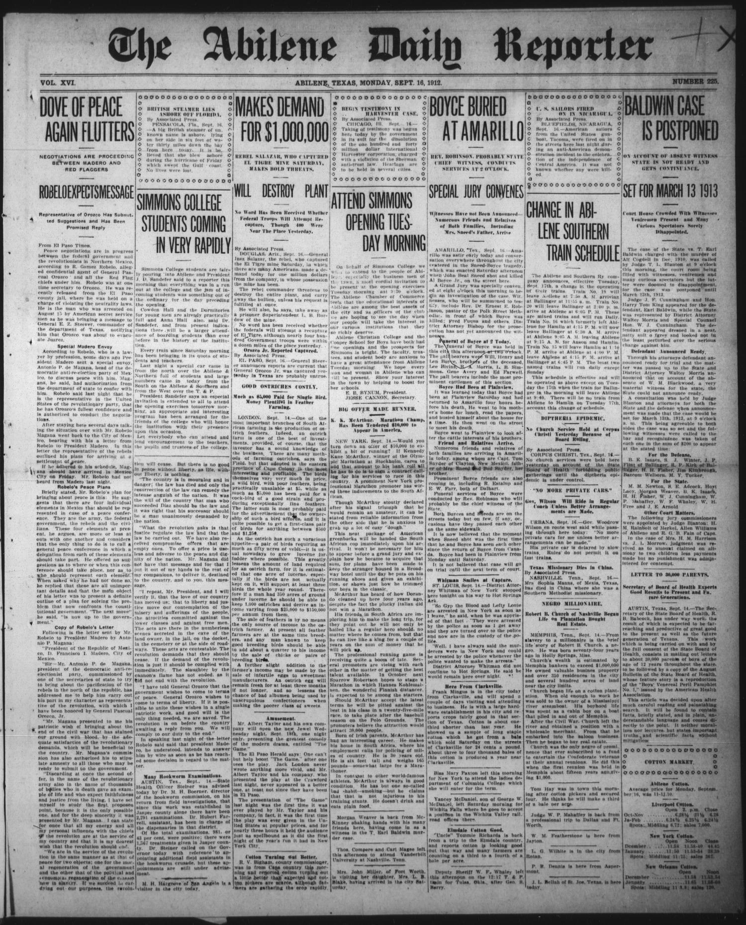 The Abilene Daily Reporter (Abilene, Tex.), Vol. 16, No. 225, Ed. 1 Monday, September 16, 1912
                                                
                                                    [Sequence #]: 1 of 6
                                                