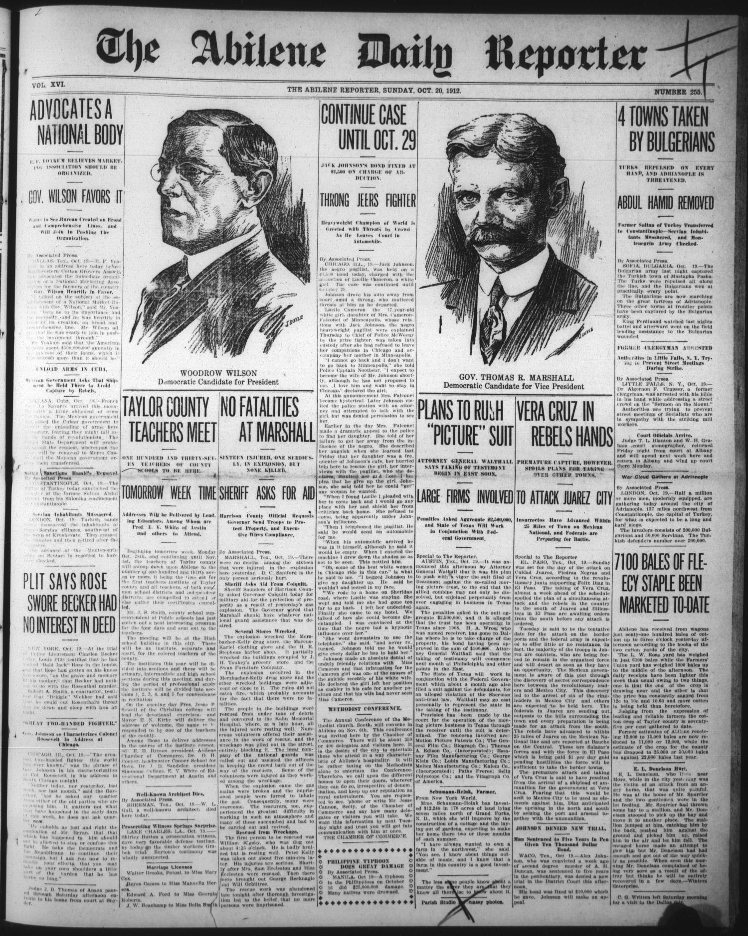 The Abilene Daily Reporter (Abilene, Tex.), Vol. 16, No. 255, Ed. 1 Sunday, October 20, 1912
                                                
                                                    [Sequence #]: 1 of 12
                                                