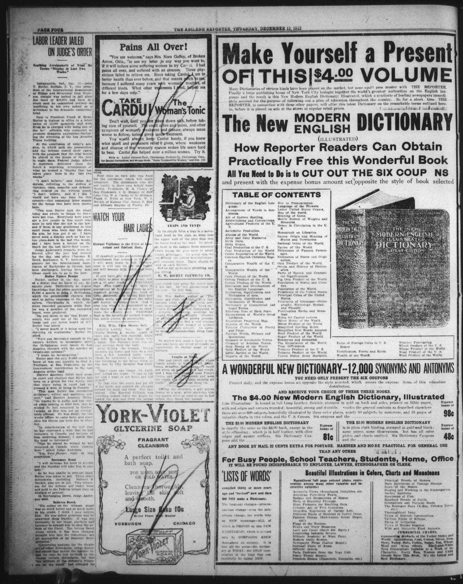 The Abilene Daily Reporter (Abilene, Tex.), Vol. 16, No. 306, Ed. 1 Thursday, December 19, 1912
                                                
                                                    [Sequence #]: 12 of 16
                                                