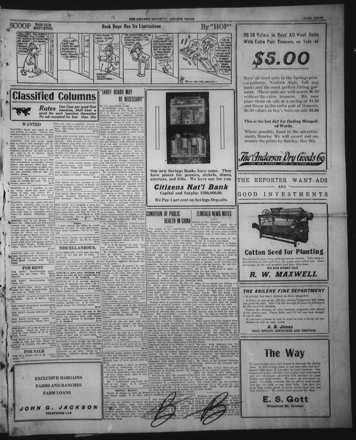 The Abilene Daily Reporter (Abilene, Tex.), Vol. 19, No. 49, Ed. 1 Friday, April 30, 1915
                                                
                                                    [Sequence #]: 3 of 8
                                                