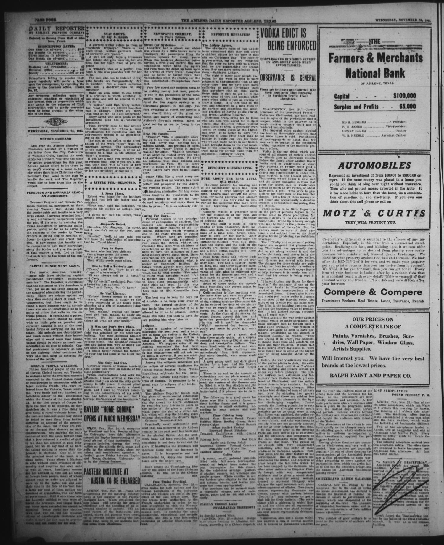 The Abilene Daily Reporter (Abilene, Tex.), Vol. 19, No. 227, Ed. 1 Wednesday, November 24, 1915
                                                
                                                    [Sequence #]: 4 of 6
                                                