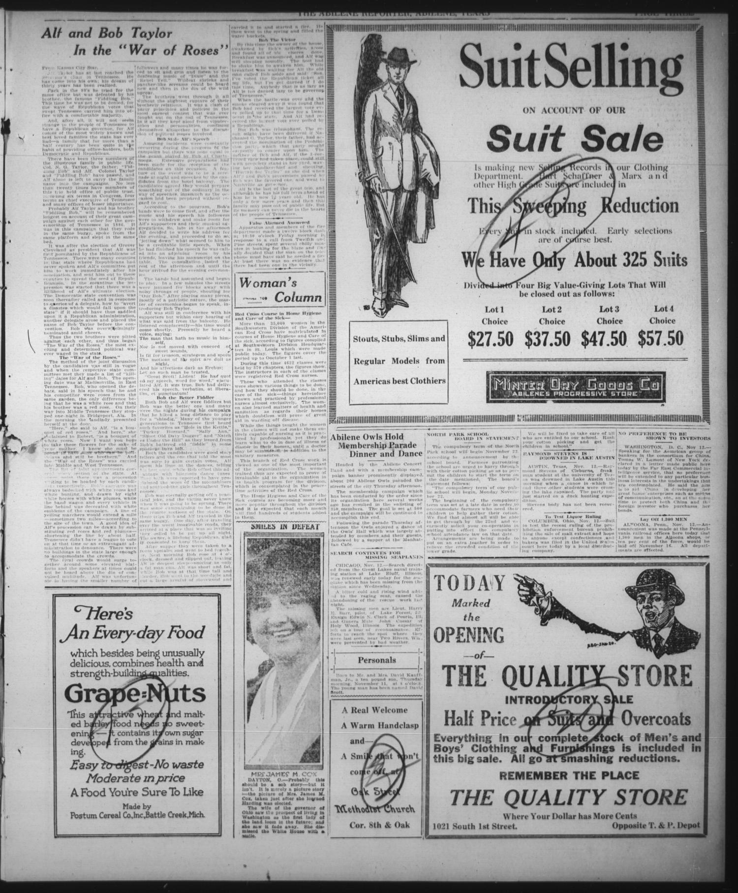 The Abilene Daily Reporter (Abilene, Tex.), Vol. 33, No. 297, Ed. 1 Friday, November 12, 1920
                                                
                                                    [Sequence #]: 3 of 10
                                                
