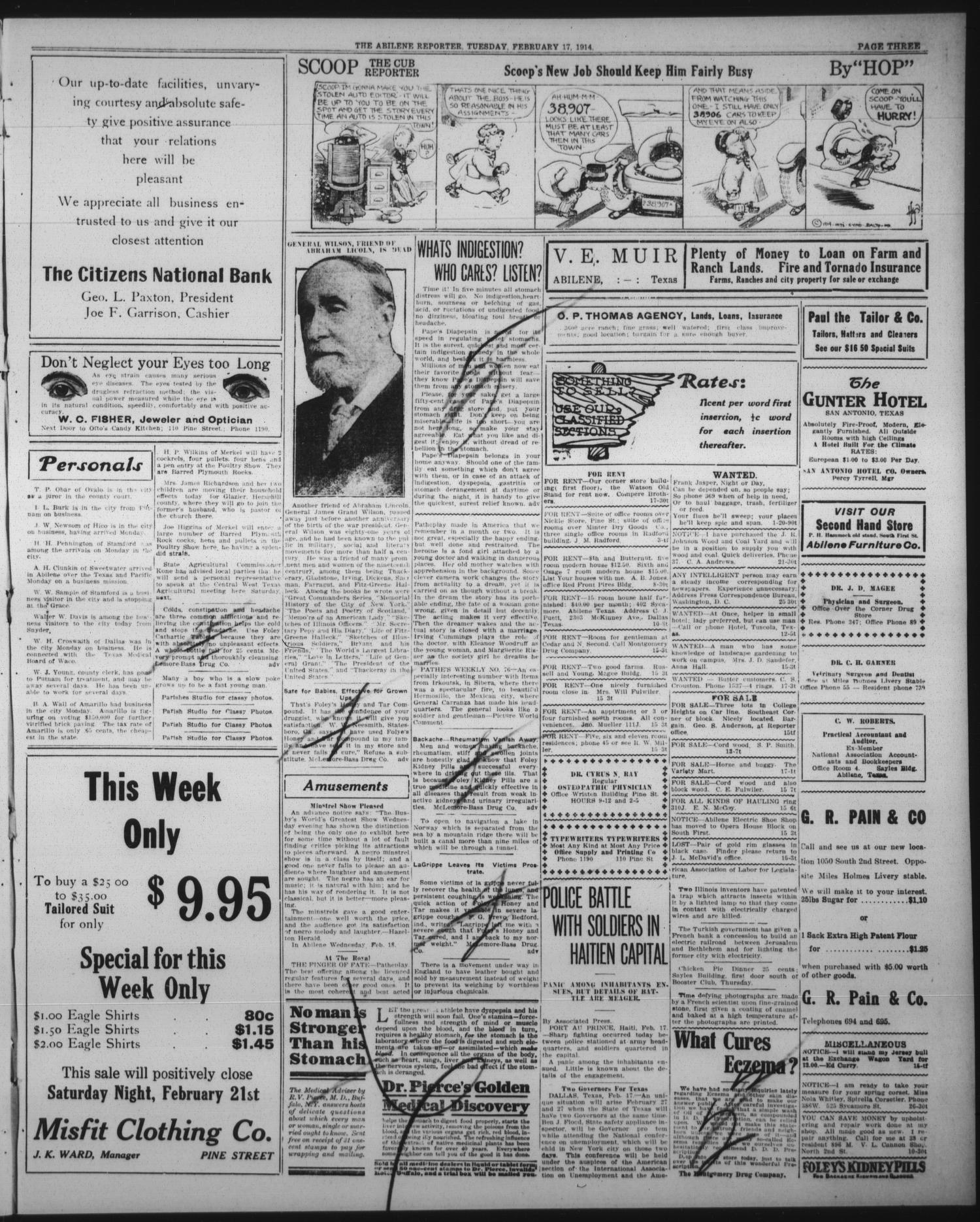 The Abilene Daily Reporter (Abilene, Tex.), Vol. 17, No. 295, Ed. 1 Tuesday, February 17, 1914
                                                
                                                    [Sequence #]: 3 of 8
                                                