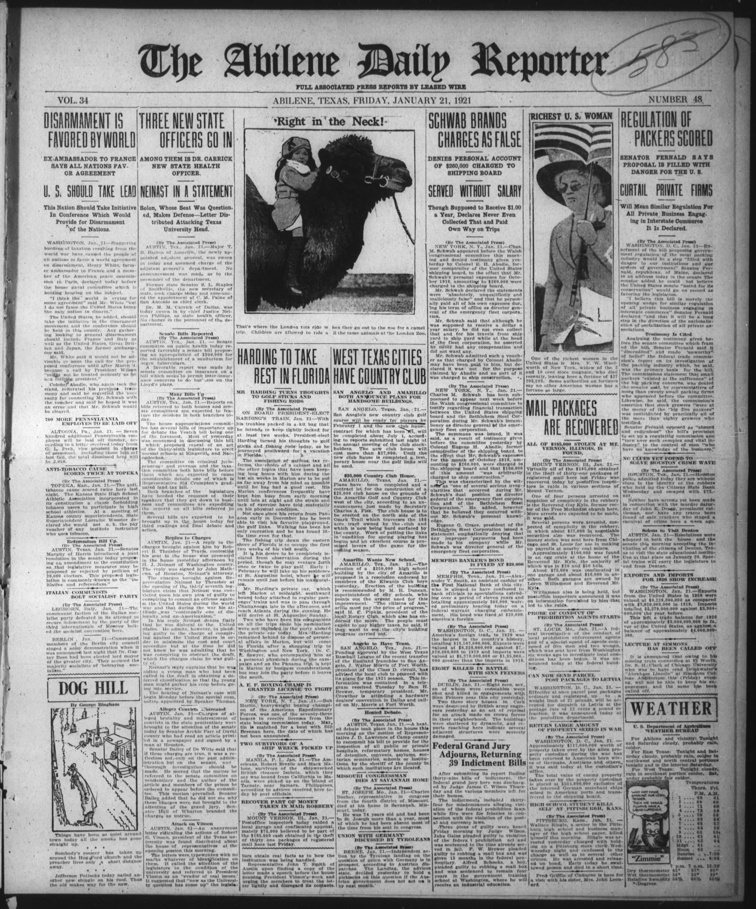 The Abilene Daily Reporter (Abilene, Tex.), Vol. 34, No. 48, Ed. 1 Friday, January 21, 1921
                                                
                                                    [Sequence #]: 1 of 8
                                                