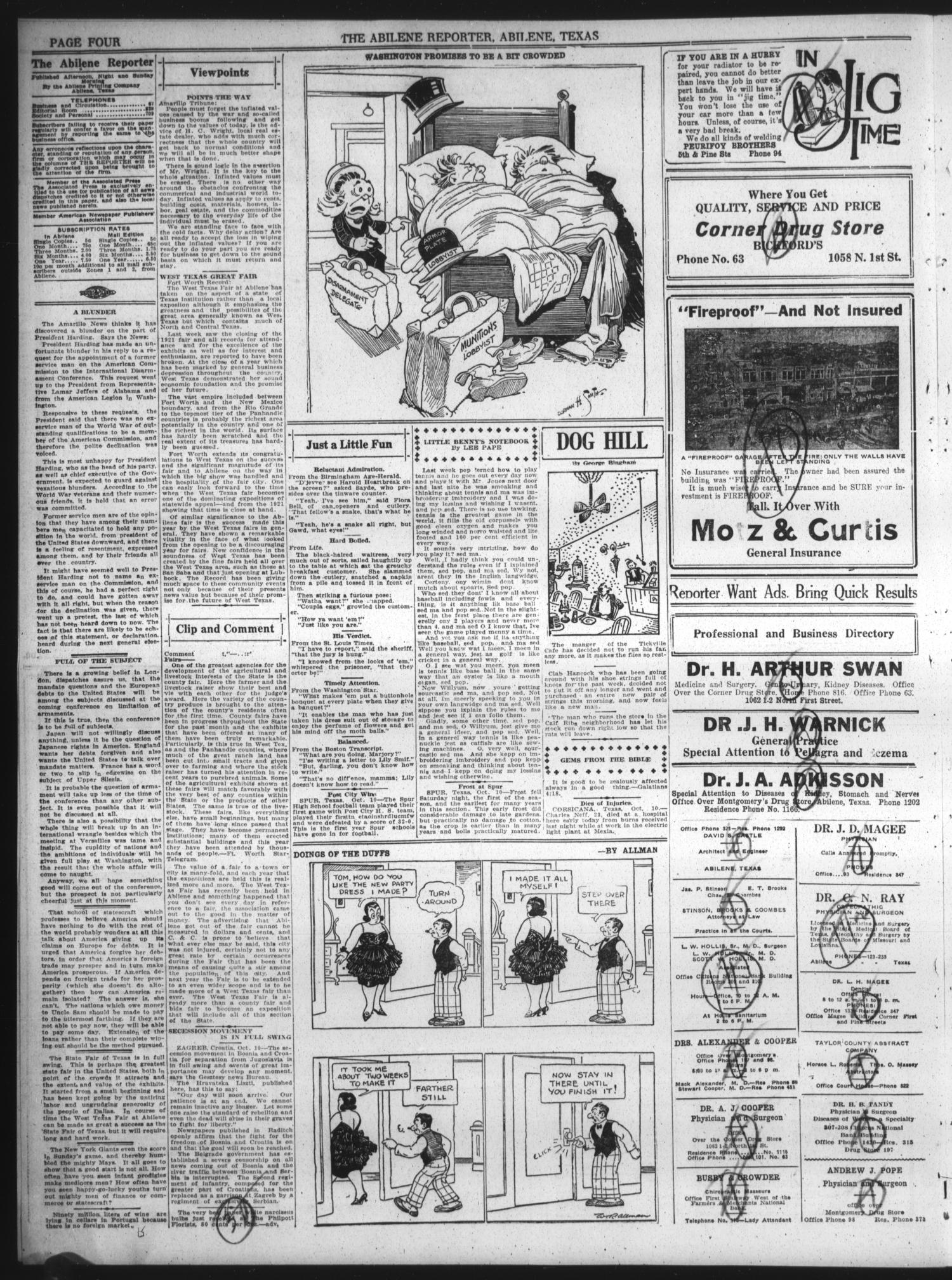 The Abilene Daily Reporter (Abilene, Tex.), Vol. 34, No. 243, Ed. 1 Monday, October 10, 1921
                                                
                                                    [Sequence #]: 4 of 8
                                                