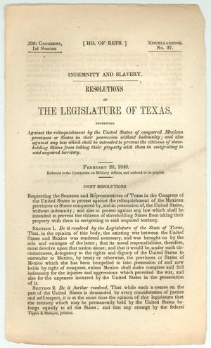 Primary view of object titled 'Indemnity and Slavery: Resolutions of the Legislature of Texas'.