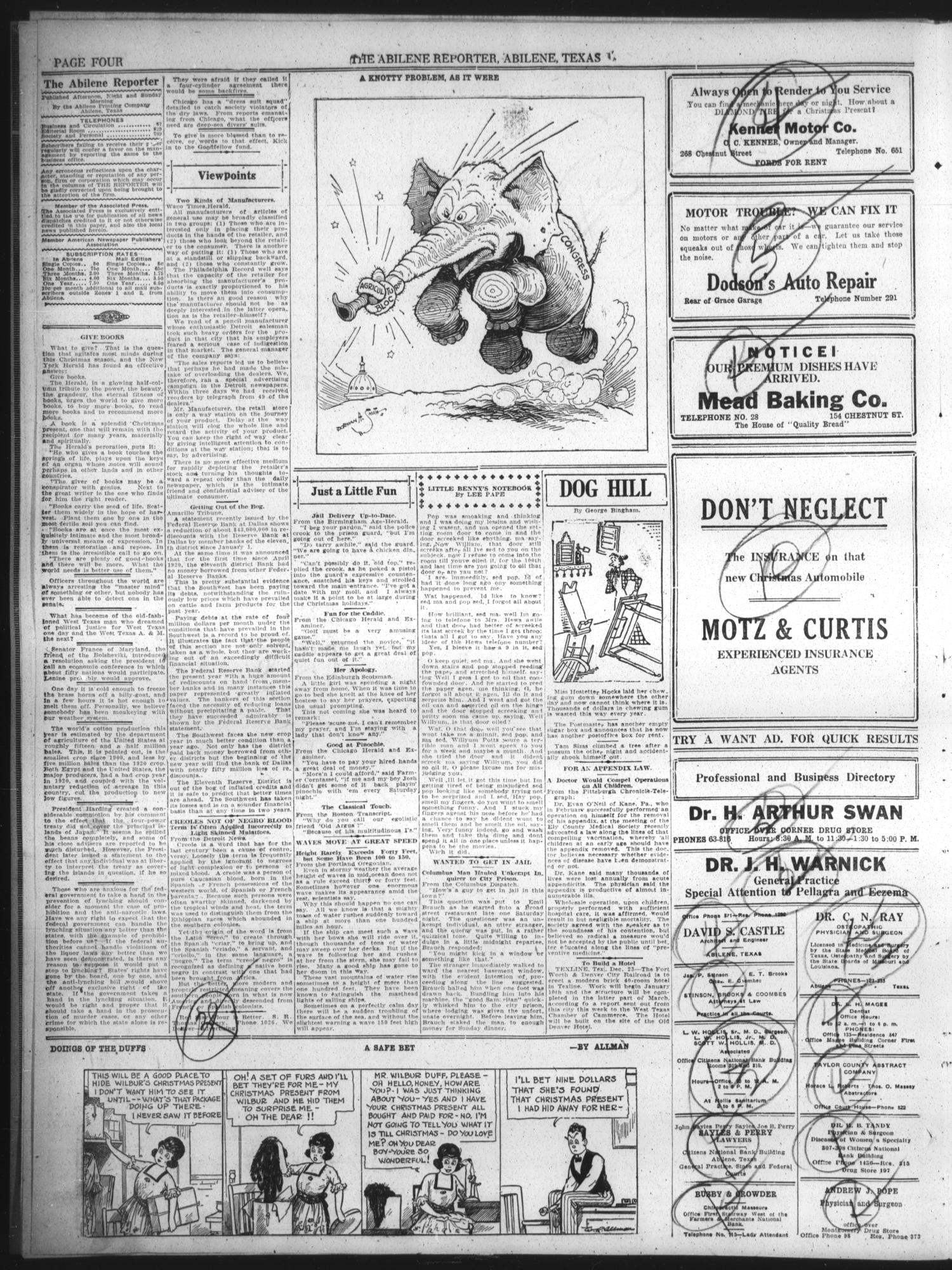 The Abilene Daily Reporter (Abilene, Tex.), Vol. 34, No. 296, Ed. 1 Friday, December 23, 1921
                                                
                                                    [Sequence #]: 4 of 10
                                                