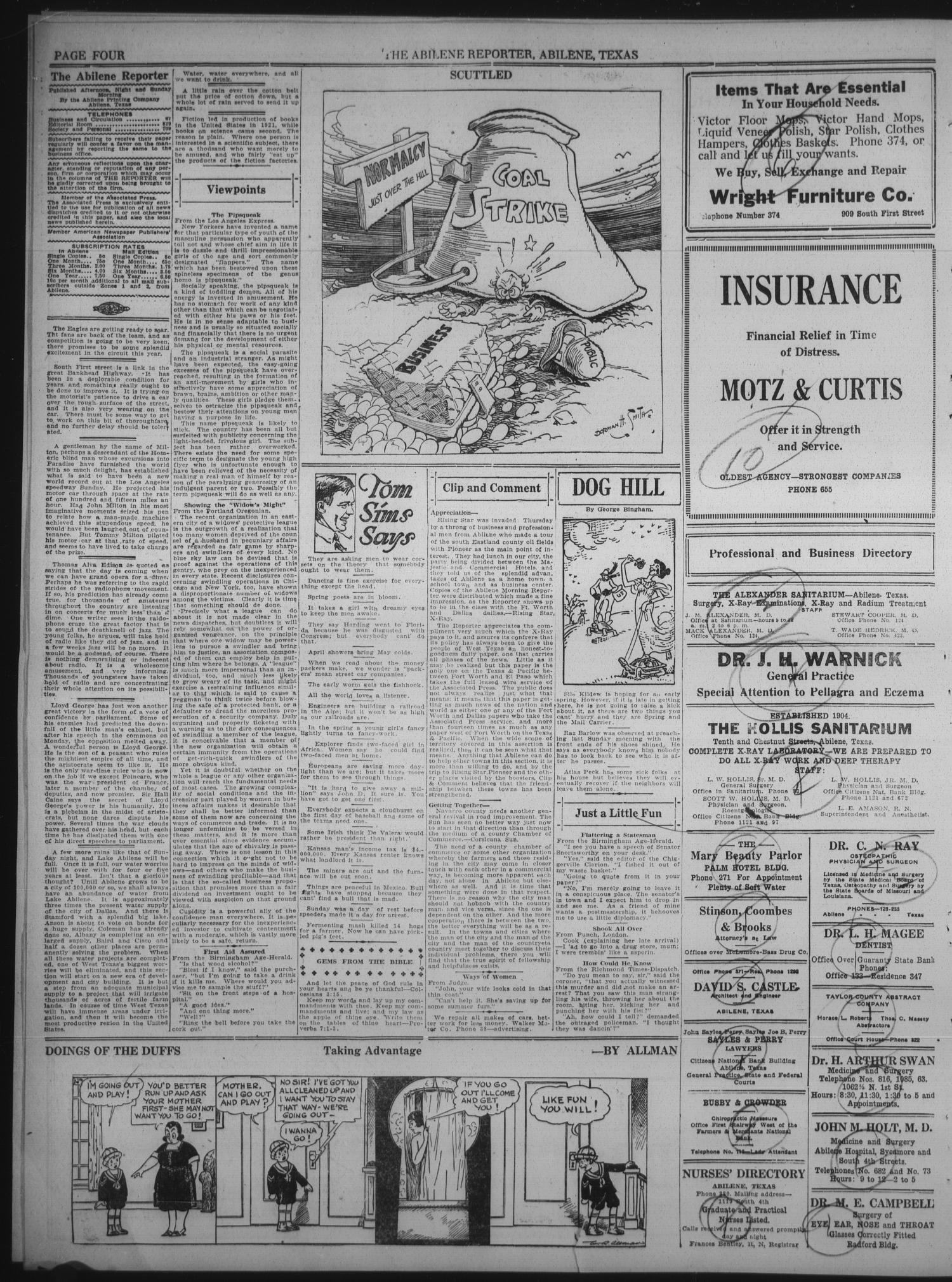 The Abilene Daily Reporter (Abilene, Tex.), Vol. 34, Ed. 1 Tuesday, April 4, 1922
                                                
                                                    [Sequence #]: 4 of 8
                                                