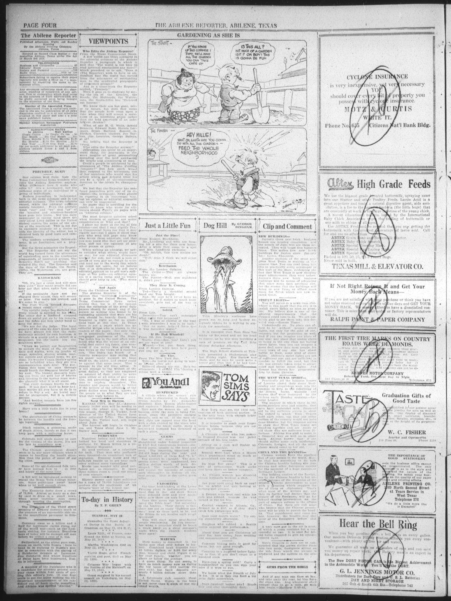 The Abilene Daily Reporter (Abilene, Tex.), Vol. 24, No. 321, Ed. 1 Tuesday, May 22, 1923
                                                
                                                    [Sequence #]: 4 of 12
                                                