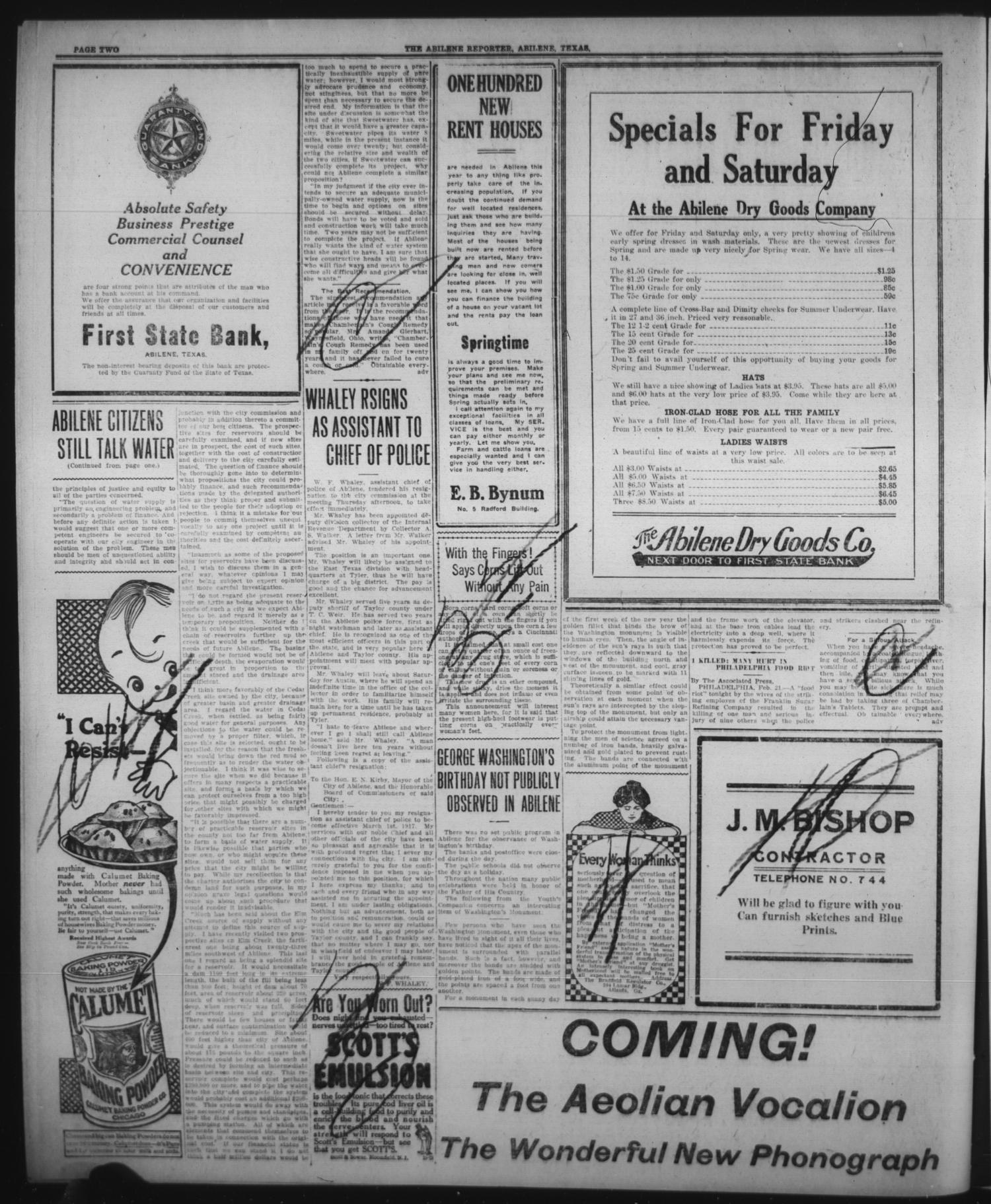 The Abilene Daily Reporter (Abilene, Tex.), Vol. 20, No. 296, Ed. 1 Thursday, February 22, 1917
                                                
                                                    [Sequence #]: 2 of 6
                                                