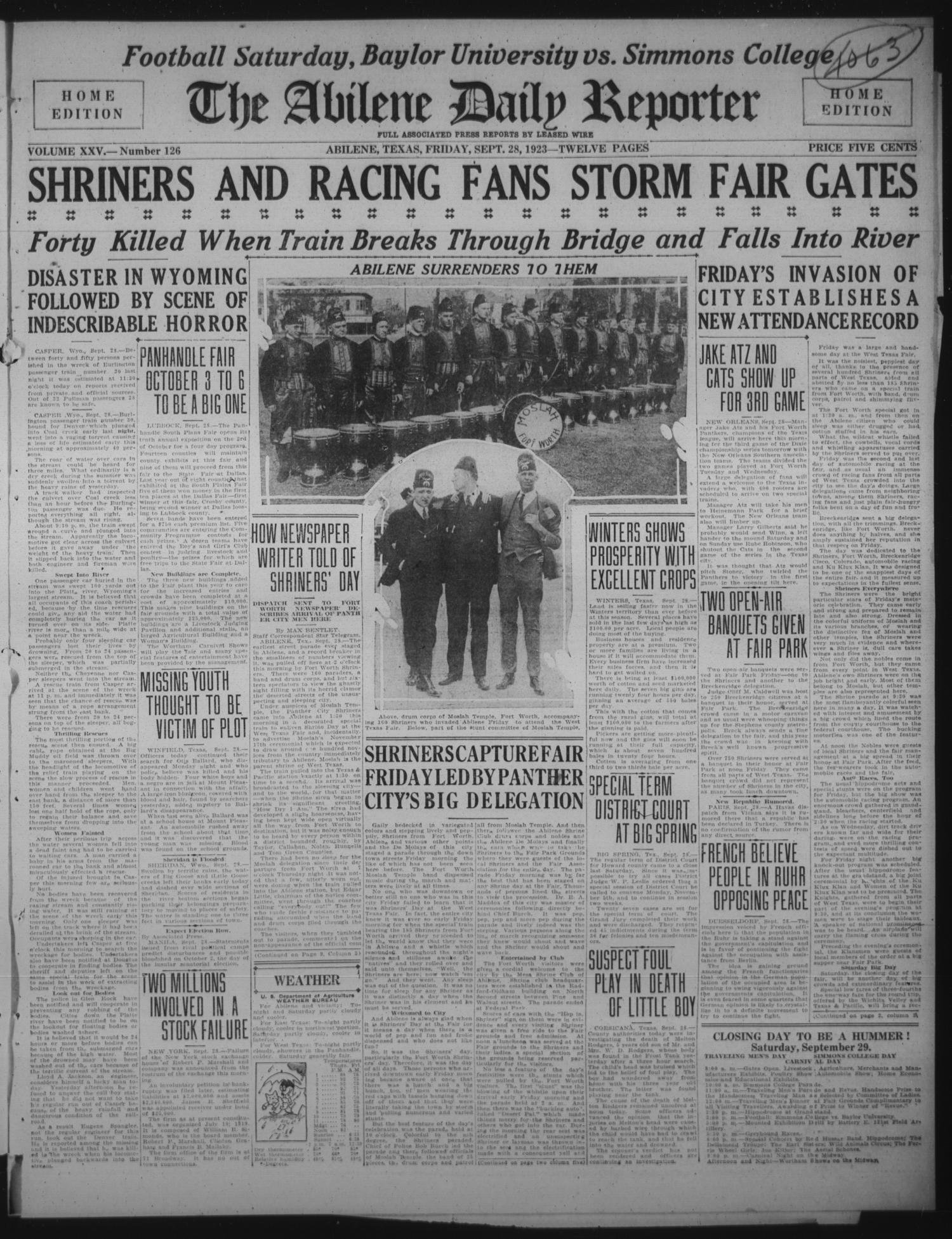 The Abilene Daily Reporter (Abilene, Tex.), Vol. 25, No. 125, Ed. 1 Friday, September 28, 1923
                                                
                                                    [Sequence #]: 1 of 12
                                                