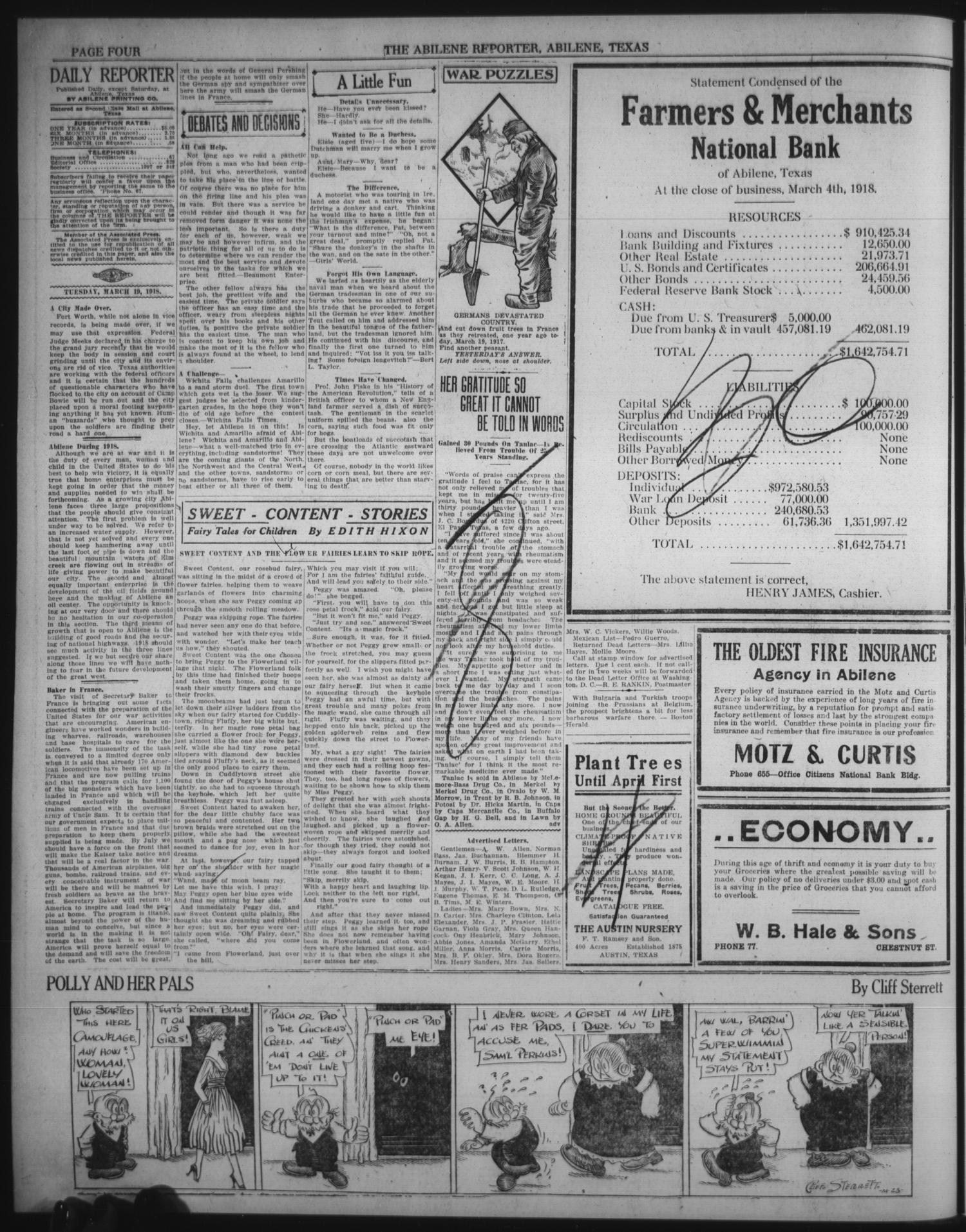 The Abilene Daily Reporter (Abilene, Tex.), Vol. 21, No. 315, Ed. 1 Tuesday, March 19, 1918
                                                
                                                    [Sequence #]: 4 of 8
                                                