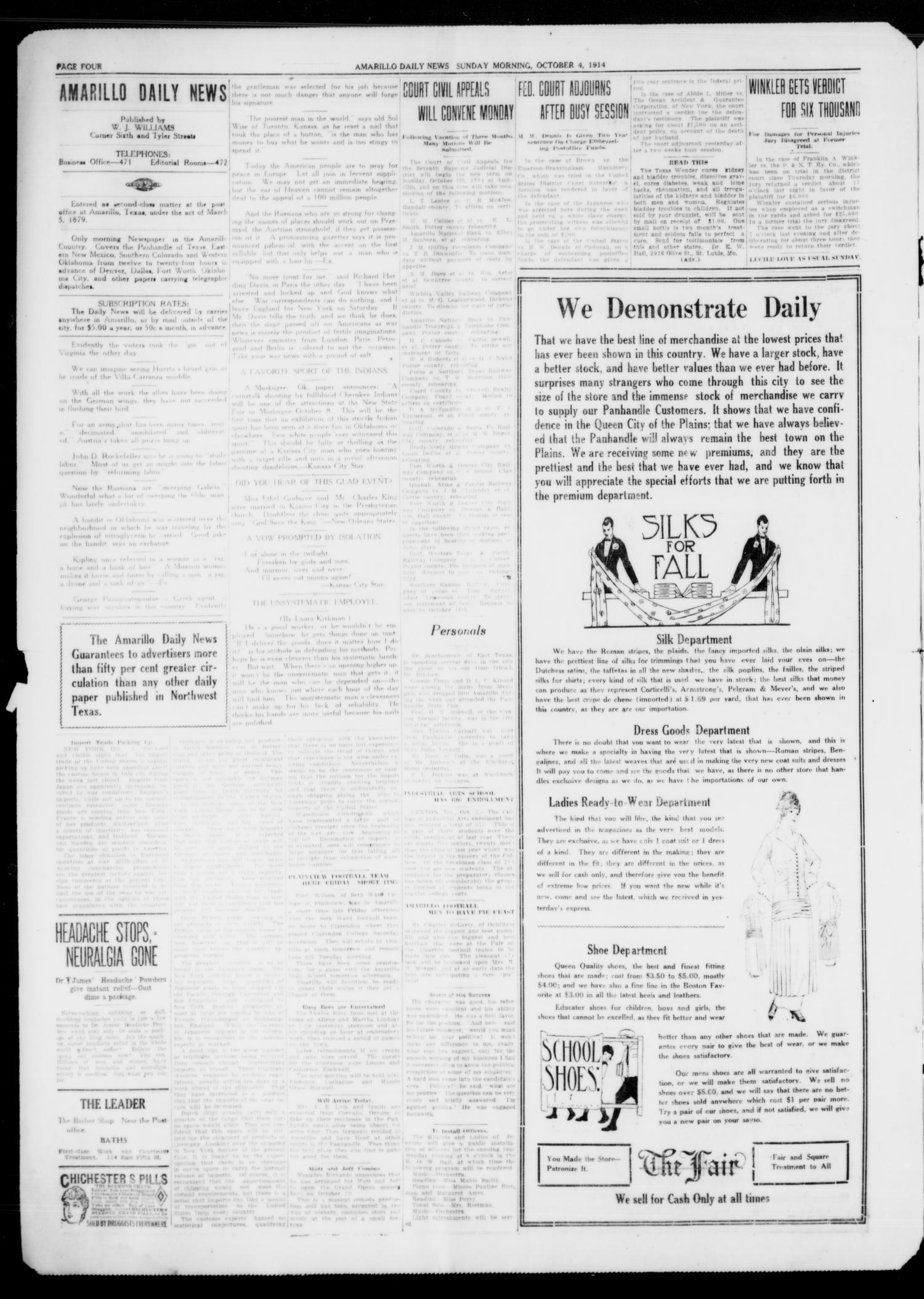 Amarillo Daily News (Amarillo, Tex.), Vol. 4, No. 288, Ed. 1 Sunday, October 4, 1914
                                                
                                                    [Sequence #]: 4 of 6
                                                