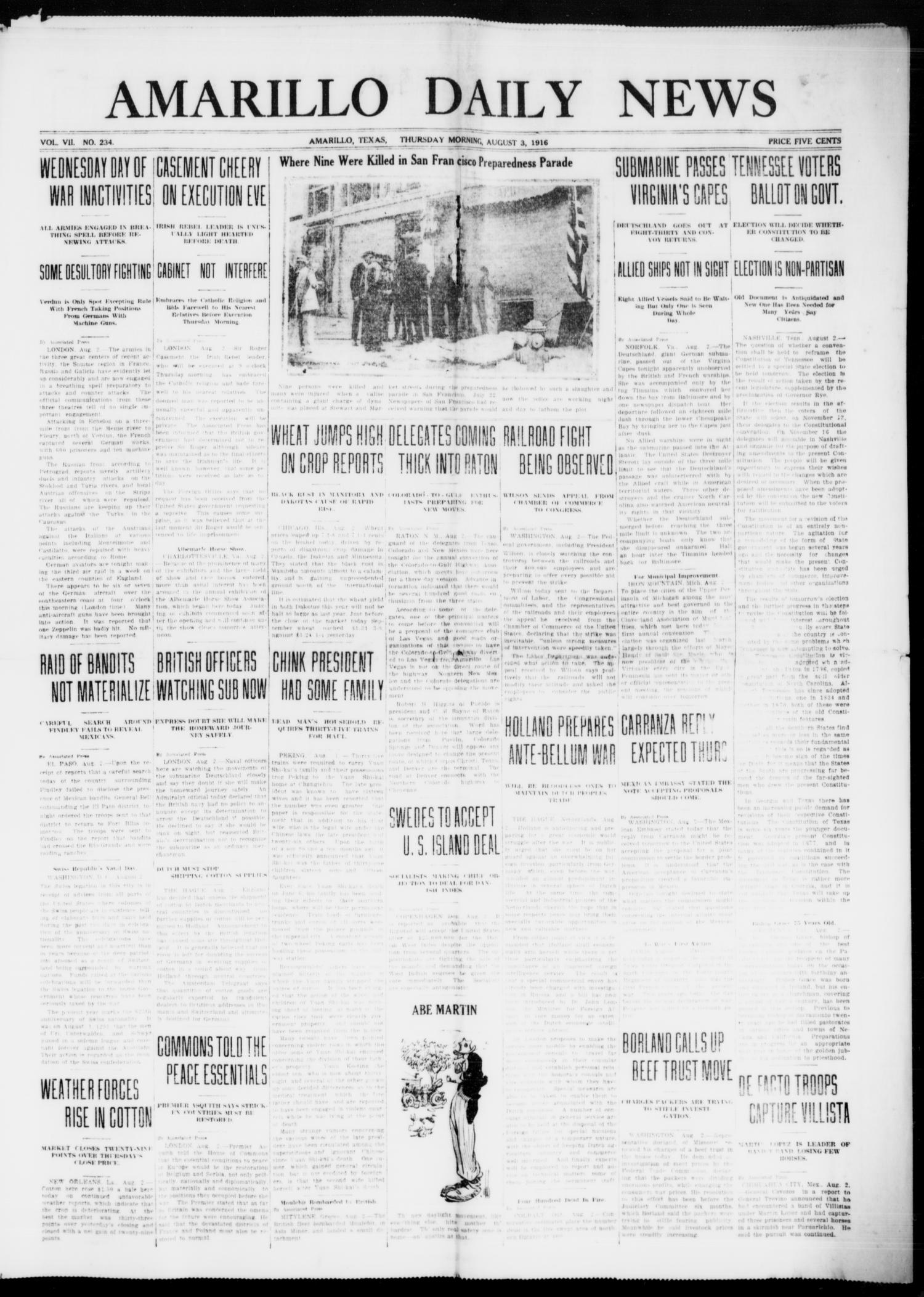 Amarillo Daily News (Amarillo, Tex.), Vol. 7, No. 234, Ed. 1 Thursday, August 3, 1916
                                                
                                                    [Sequence #]: 1 of 8
                                                