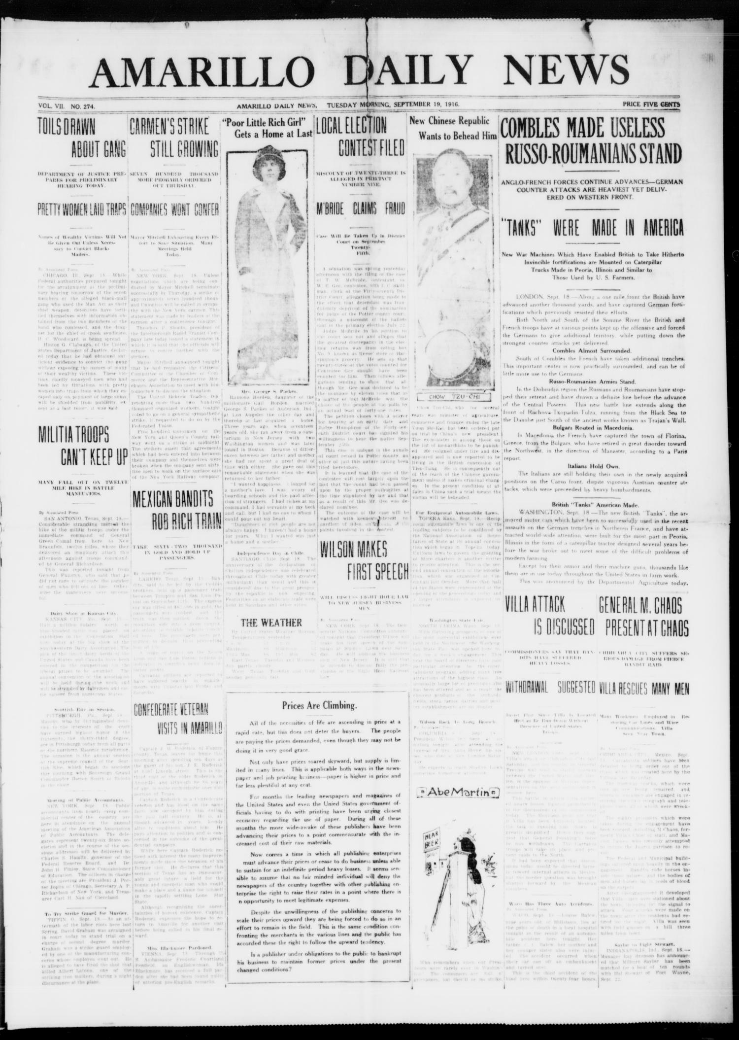 Amarillo Daily News (Amarillo, Tex.), Vol. 7, No. 274, Ed. 1 Tuesday, September 19, 1916
                                                
                                                    [Sequence #]: 1 of 8
                                                