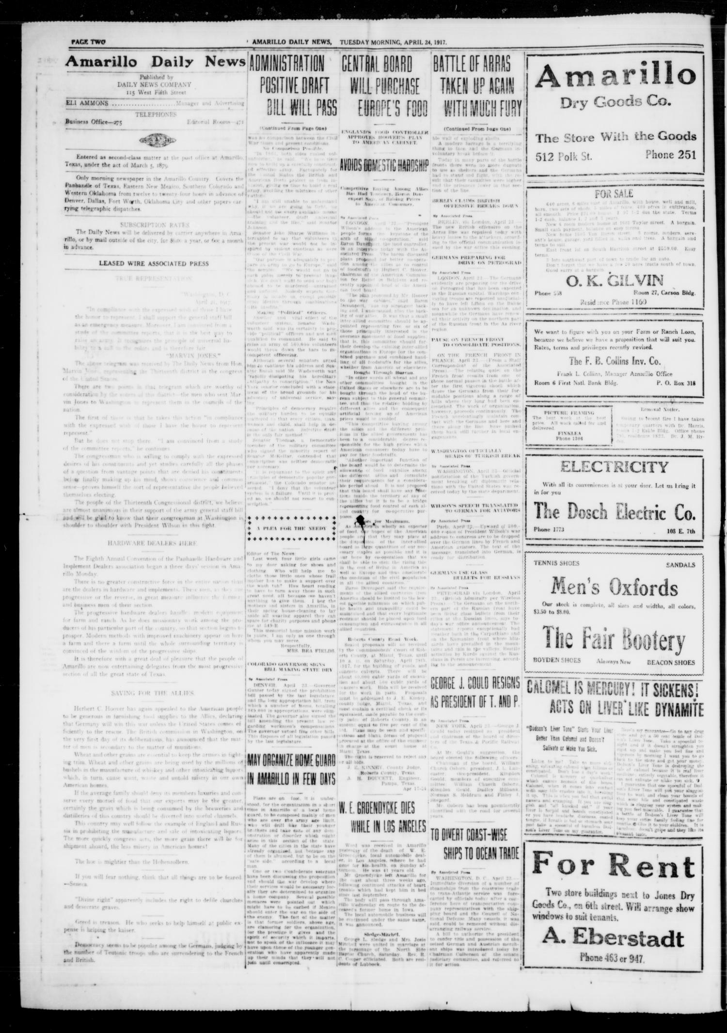 Amarillo Daily News (Amarillo, Tex.), Vol. 8, No. 147, Ed. 1 Tuesday, April 24, 1917
                                                
                                                    [Sequence #]: 2 of 8
                                                