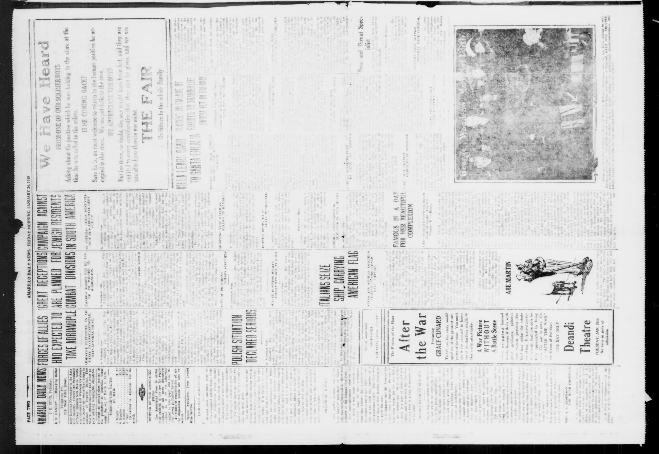 Amarillo Daily News (Amarillo, Tex.), Vol. 10, No. 71, Ed. 1 Friday, January 24, 1919
                                                
                                                    [Sequence #]: 2 of 8
                                                