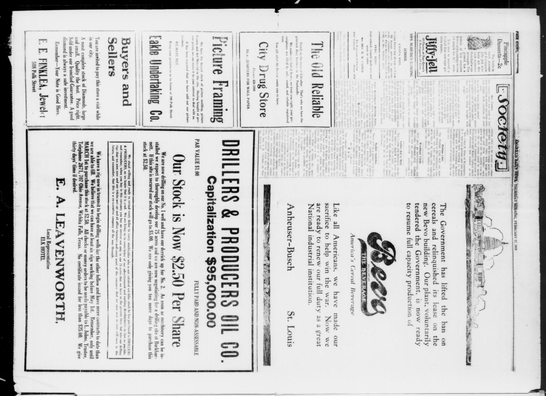 Amarillo Daily News (Amarillo, Tex.), Vol. 10, No. 100, Ed. 1 Thursday, February 27, 1919
                                                
                                                    [Sequence #]: 4 of 10
                                                