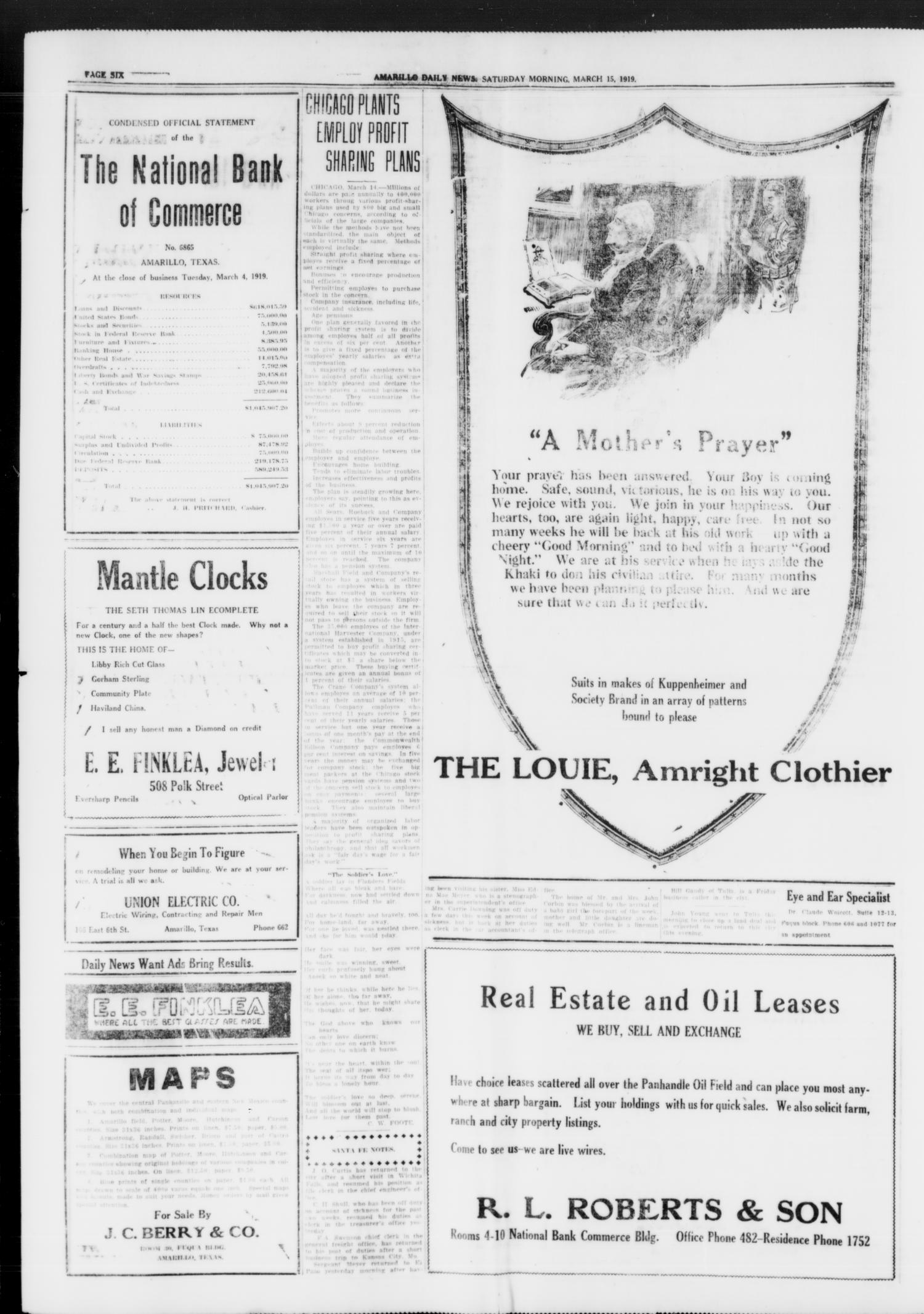 Amarillo Daily News (Amarillo, Tex.), Vol. 10, No. 114, Ed. 1 Saturday, March 15, 1919
                                                
                                                    [Sequence #]: 4 of 8
                                                