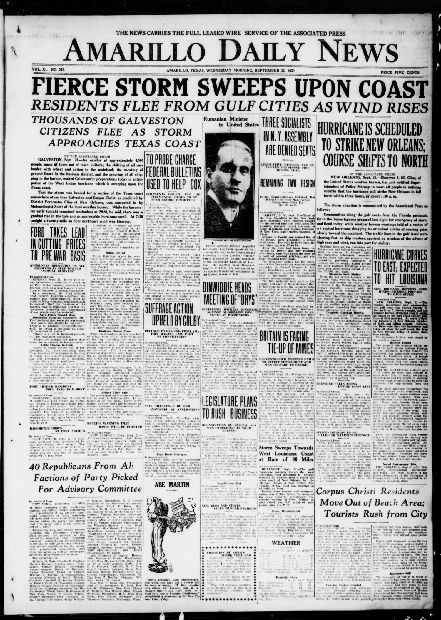 Amarillo Daily News (Amarillo, Tex.), Vol. 11, No. 278, Ed. 1 Wednesday, September 22, 1920
                                                
                                                    [Sequence #]: 1 of 8
                                                