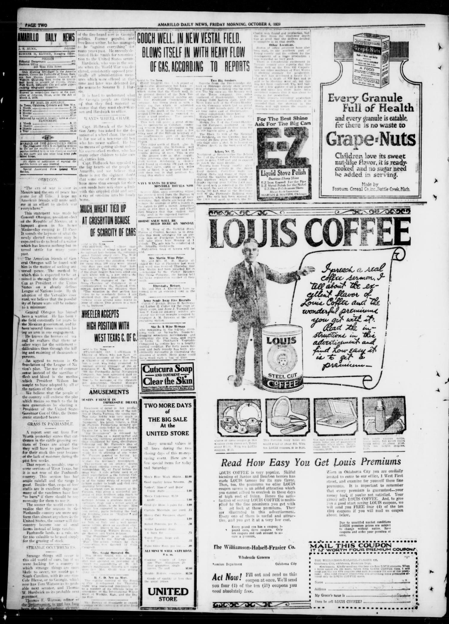 Amarillo Daily News (Amarillo, Tex.), Vol. 11, No. 292, Ed. 1 Friday, October 8, 1920
                                                
                                                    [Sequence #]: 2 of 8
                                                