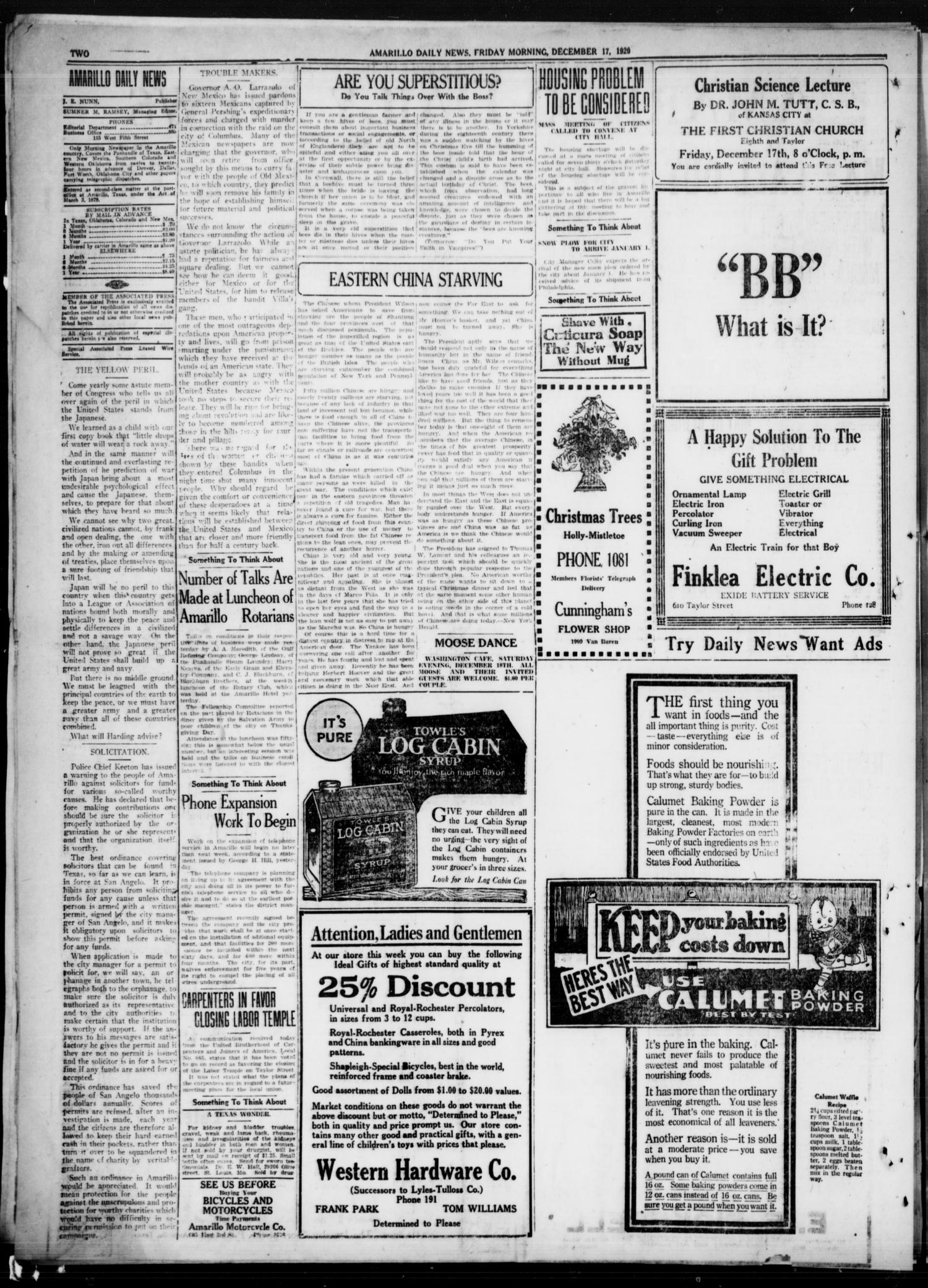 Amarillo Daily News (Amarillo, Tex.), Vol. 11, No. 351, Ed. 1 Friday, December 17, 1920
                                                
                                                    [Sequence #]: 2 of 8
                                                